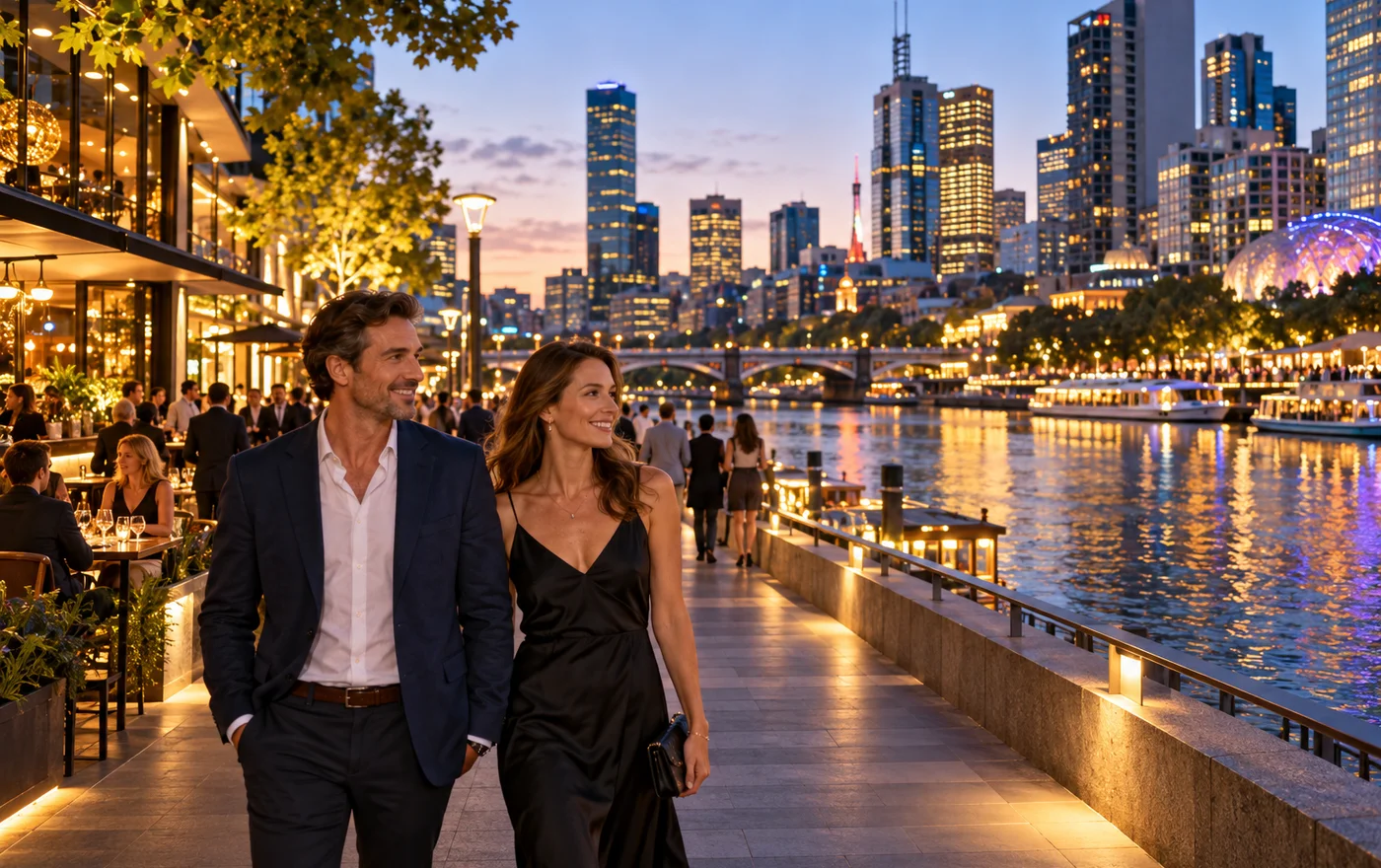 Adults walking beside a river at dusk; editorial Melbourne travel scene