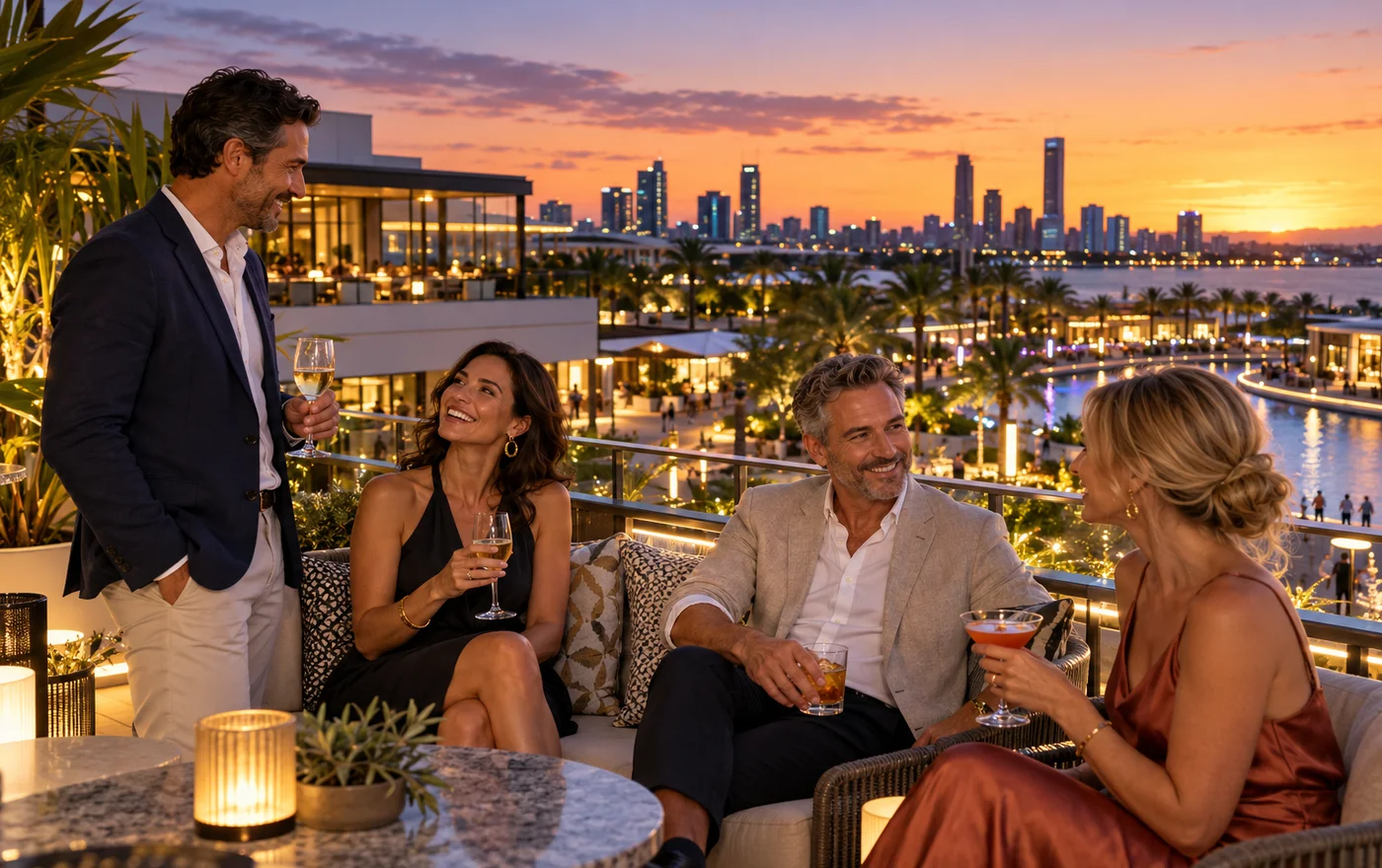 Adults on a palm-lined terrace at sunset; editorial Perth travel scene
