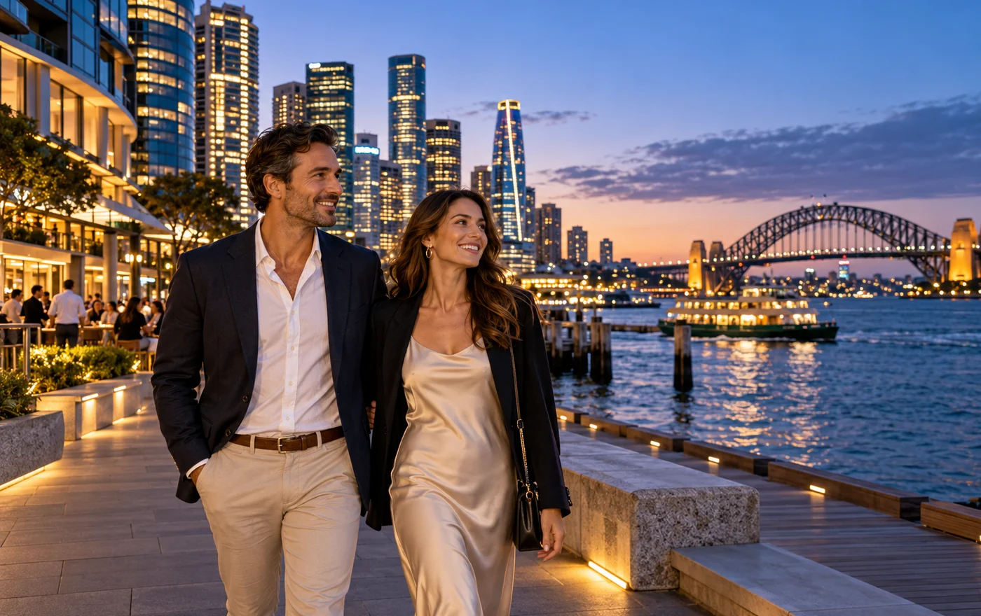 An evening walk along an urban harbour; editorial Sydney travel scene