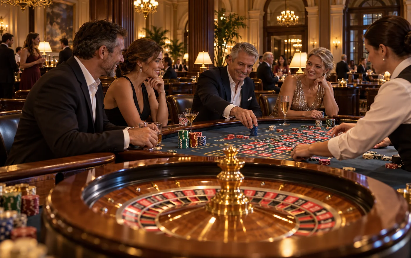 Adults around a roulette table in a warmly lit room; editorial casino scene