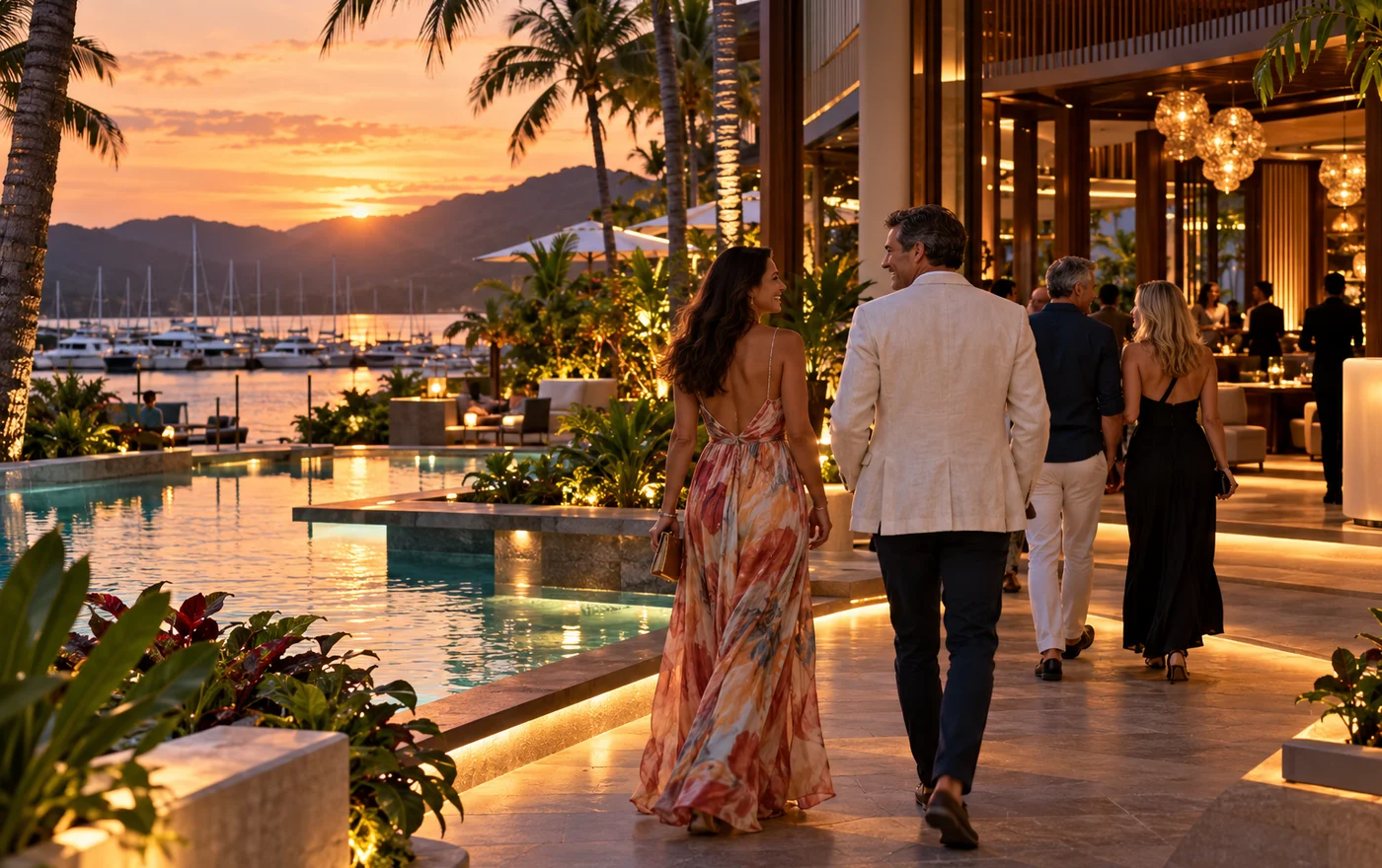 A tropical resort terrace at sunset; editorial Townsville travel scene